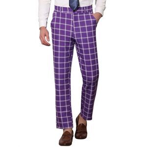 Plaid Regular Fit Flat Front Classic Elastic Waist Suit Pants Purple